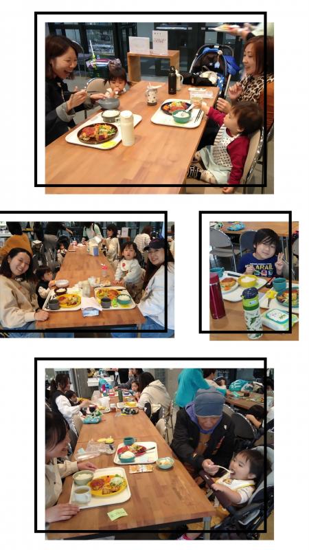 食堂で会食をする親子たち