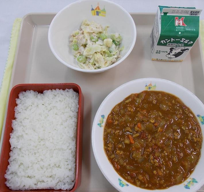 食器に盛られたドライカレーとツナサラダ、そして赤い容器に入った米飯と紙パックに入った牛乳