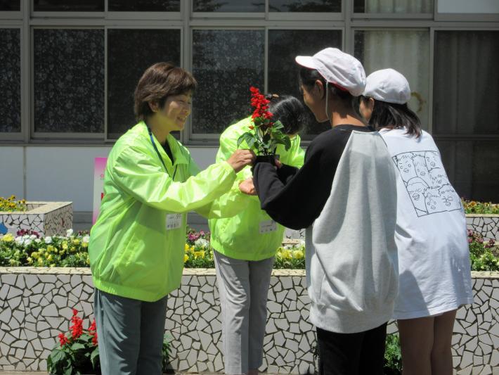 人権の花苗を代表児童に渡す人権擁護委員
