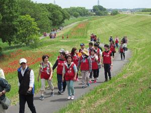 花畑のそばを20人くらいが列を組んで歩いています