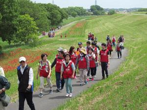 花畑のそばを20人くらいが列を組んで歩いています